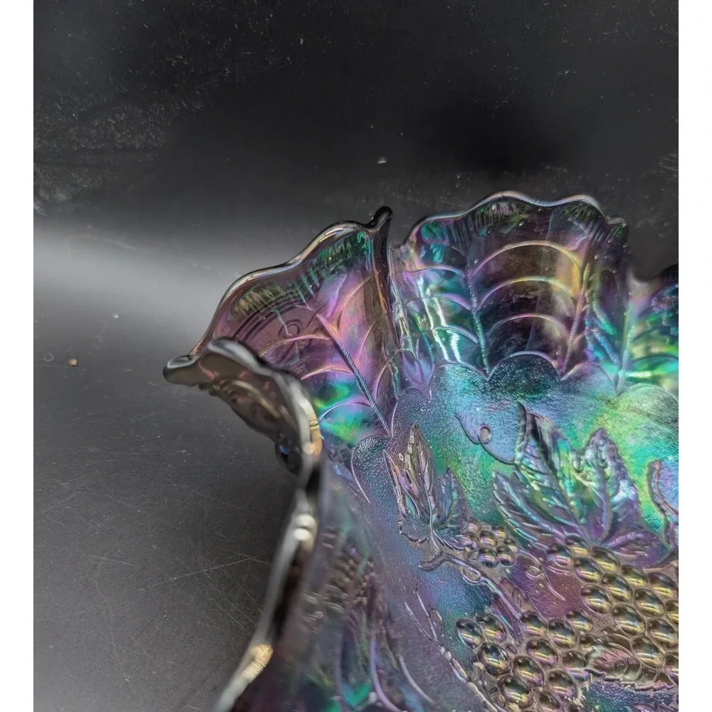 Imperial Amethyst Carnival Glass Grape and Cable Ruffled Bowl Iridescent Purple